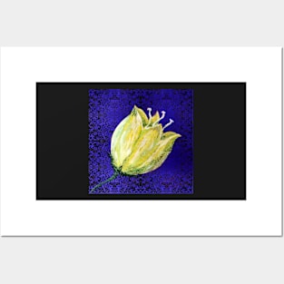 yellow tulip on purple swirly background Posters and Art